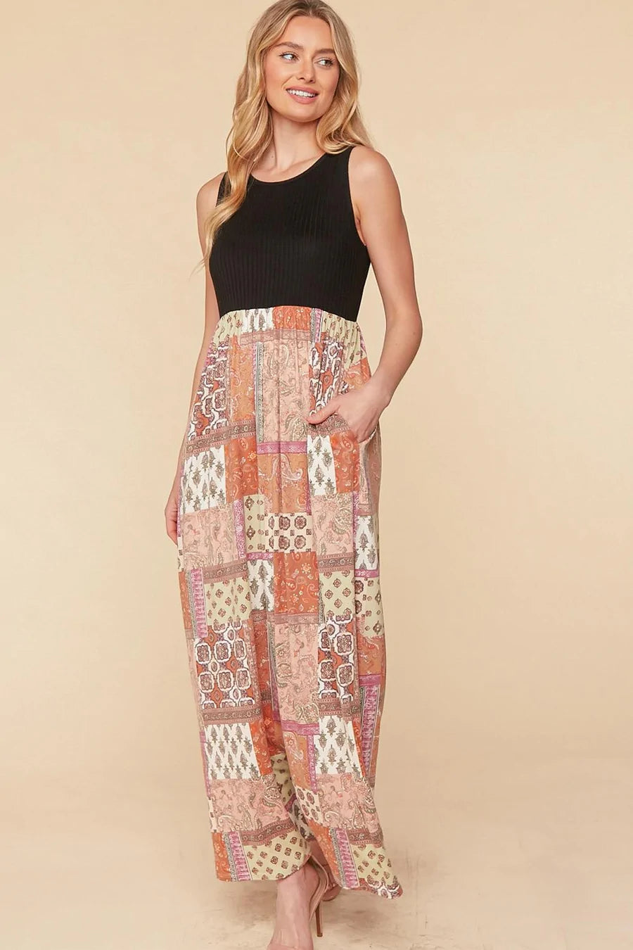 Black Terracotta Boho print Maxi Dress