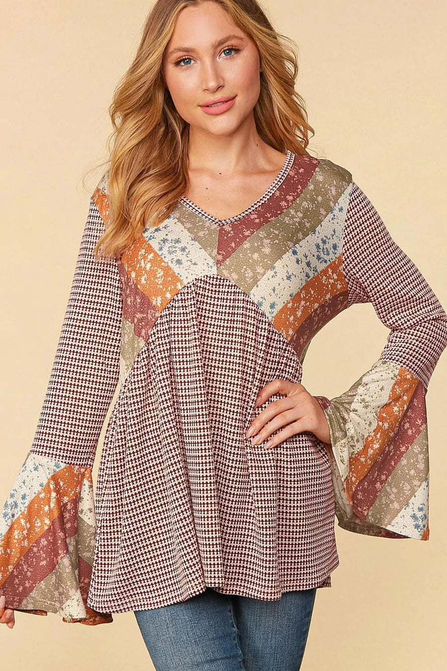 BURGUNDY & OLIVE ETHNIC STRIPE PATCHWORK BELL SLEEVE TOP