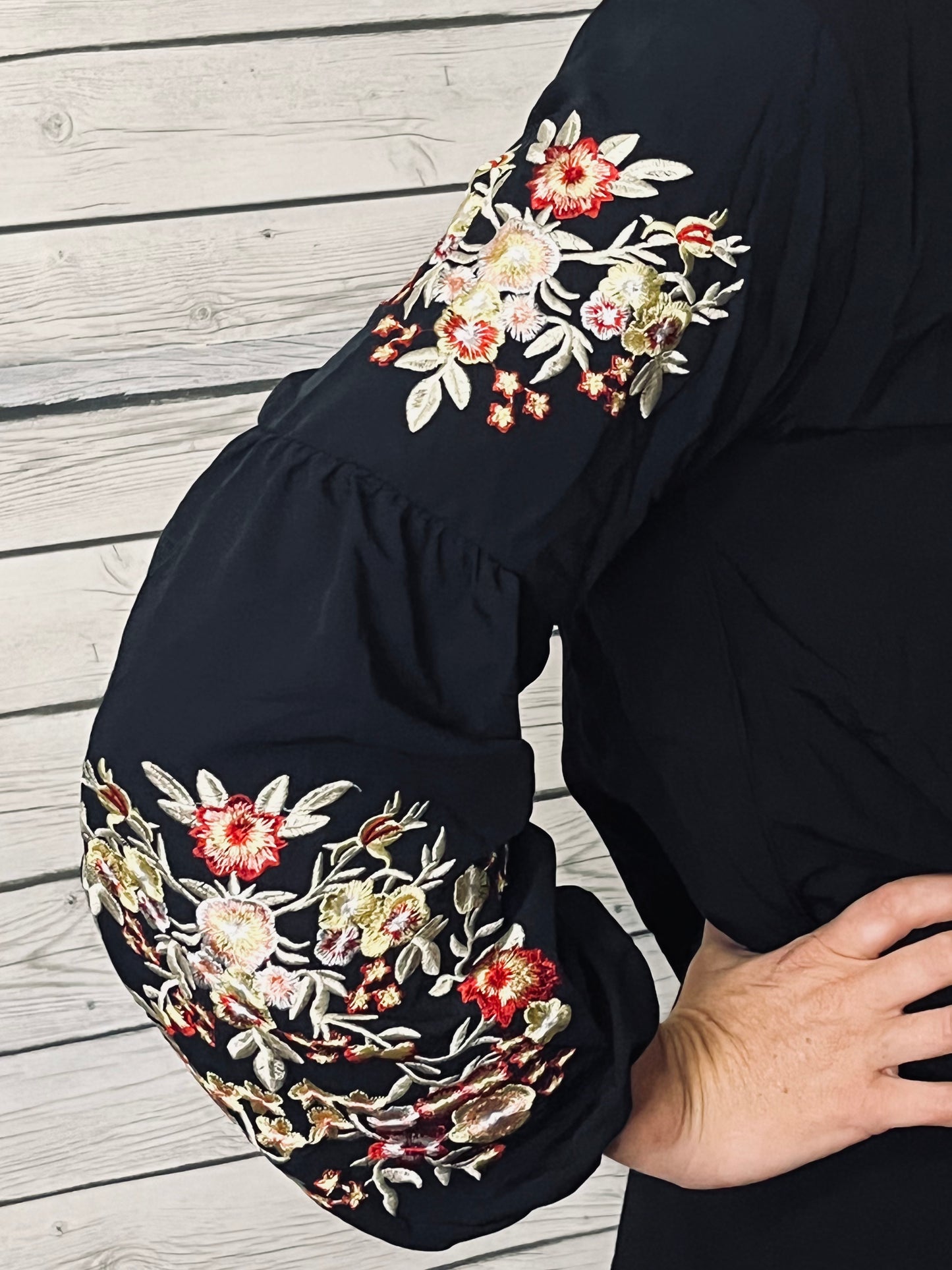 Black Floral Embroidery long sleeve Top