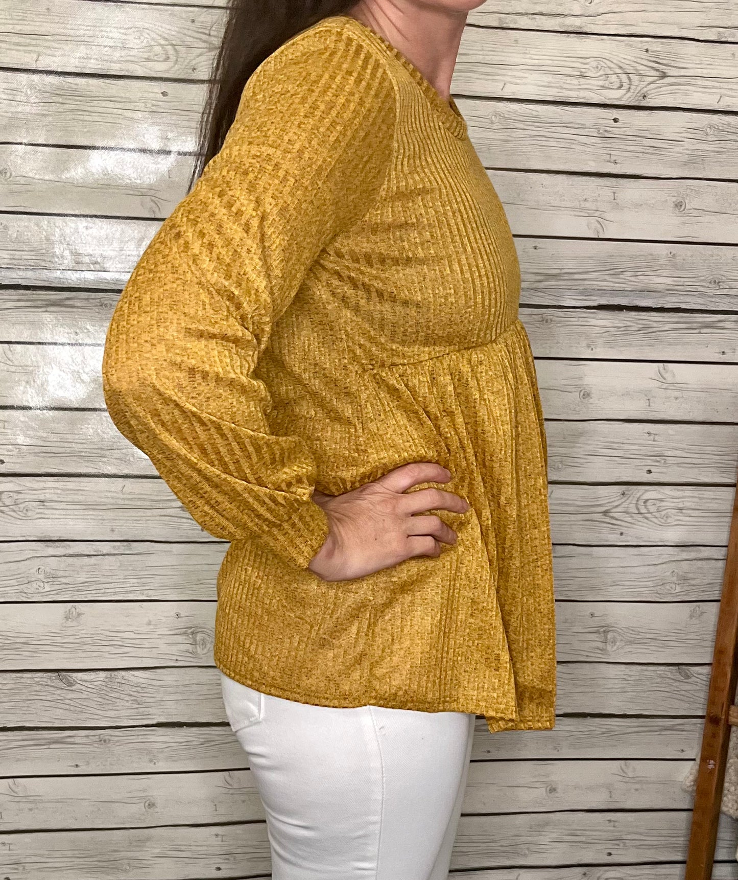 BUTTERSCOTCH TWO TONE RIB BABYDOLL BUBBLE SLEEVE TOP