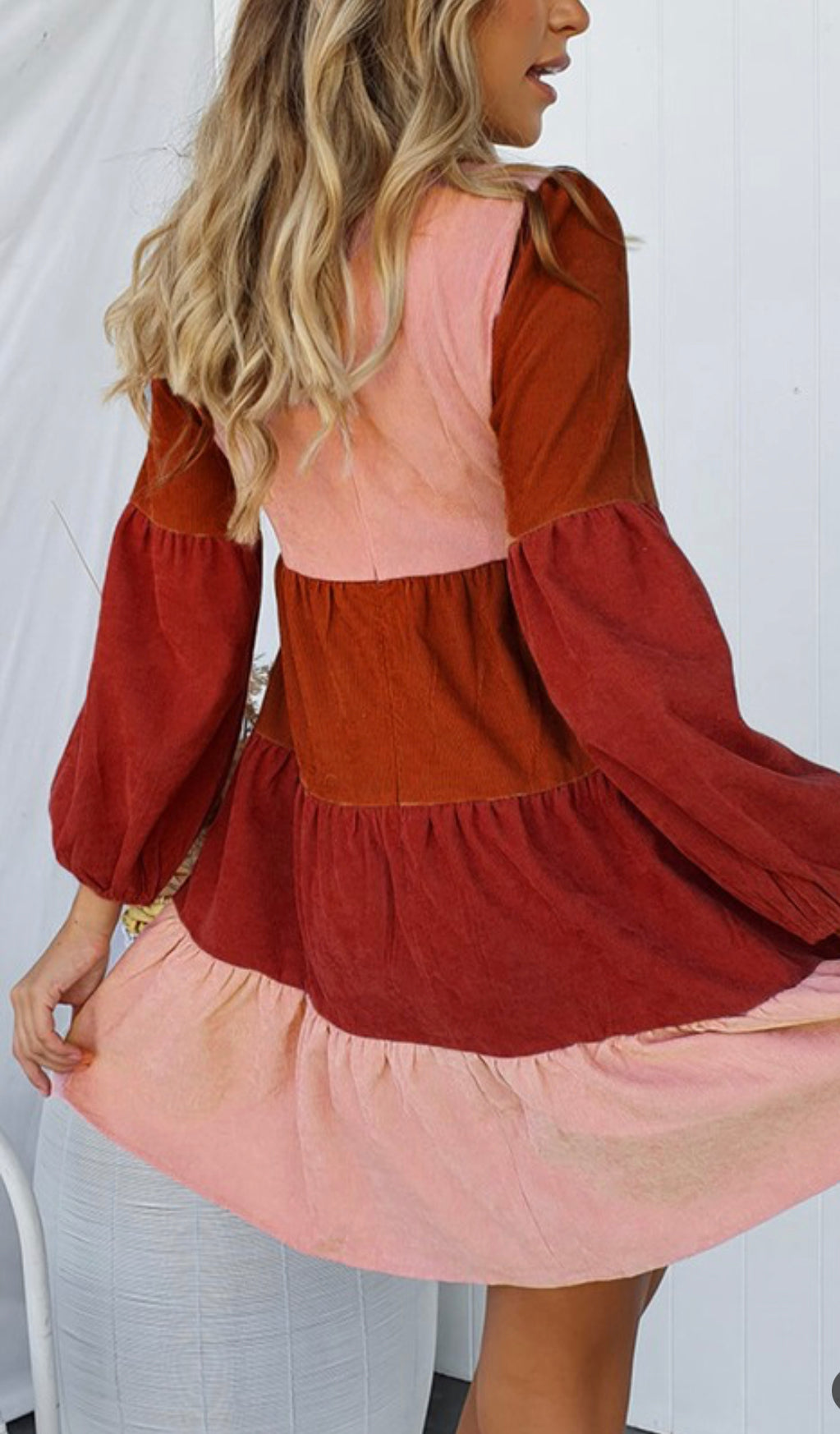 Corduroy Striped square neck long sleeve dress