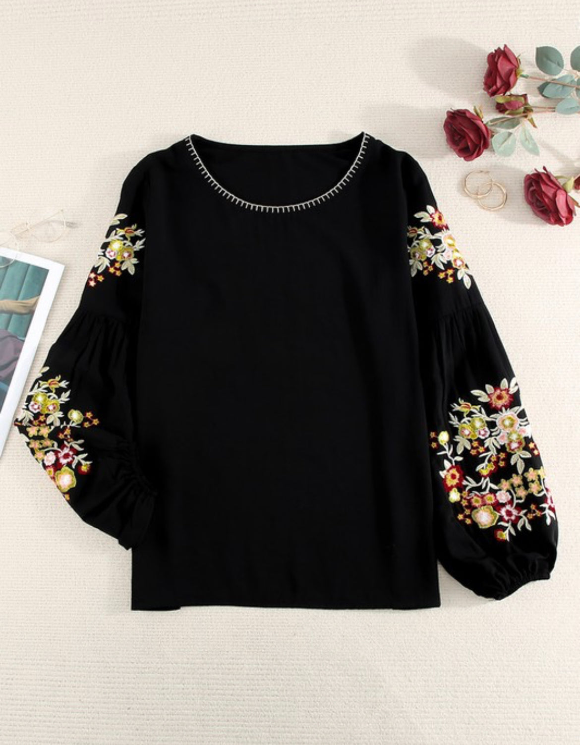 Black Floral Embroidery long sleeve Top