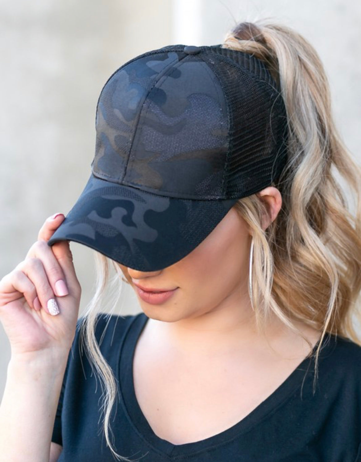 Black Camo ponytail Hat