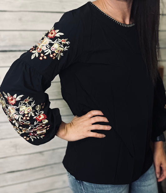 Black Floral Embroidery long sleeve Top