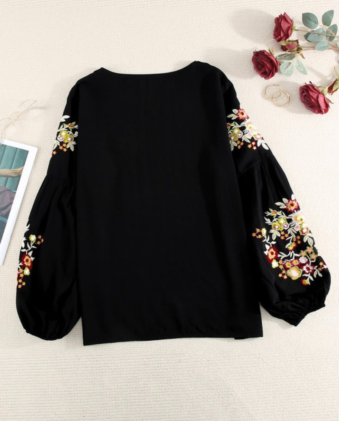 Black Floral Embroidery long sleeve Top