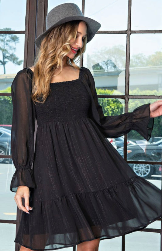 Black Square Neck smocked mini Dress