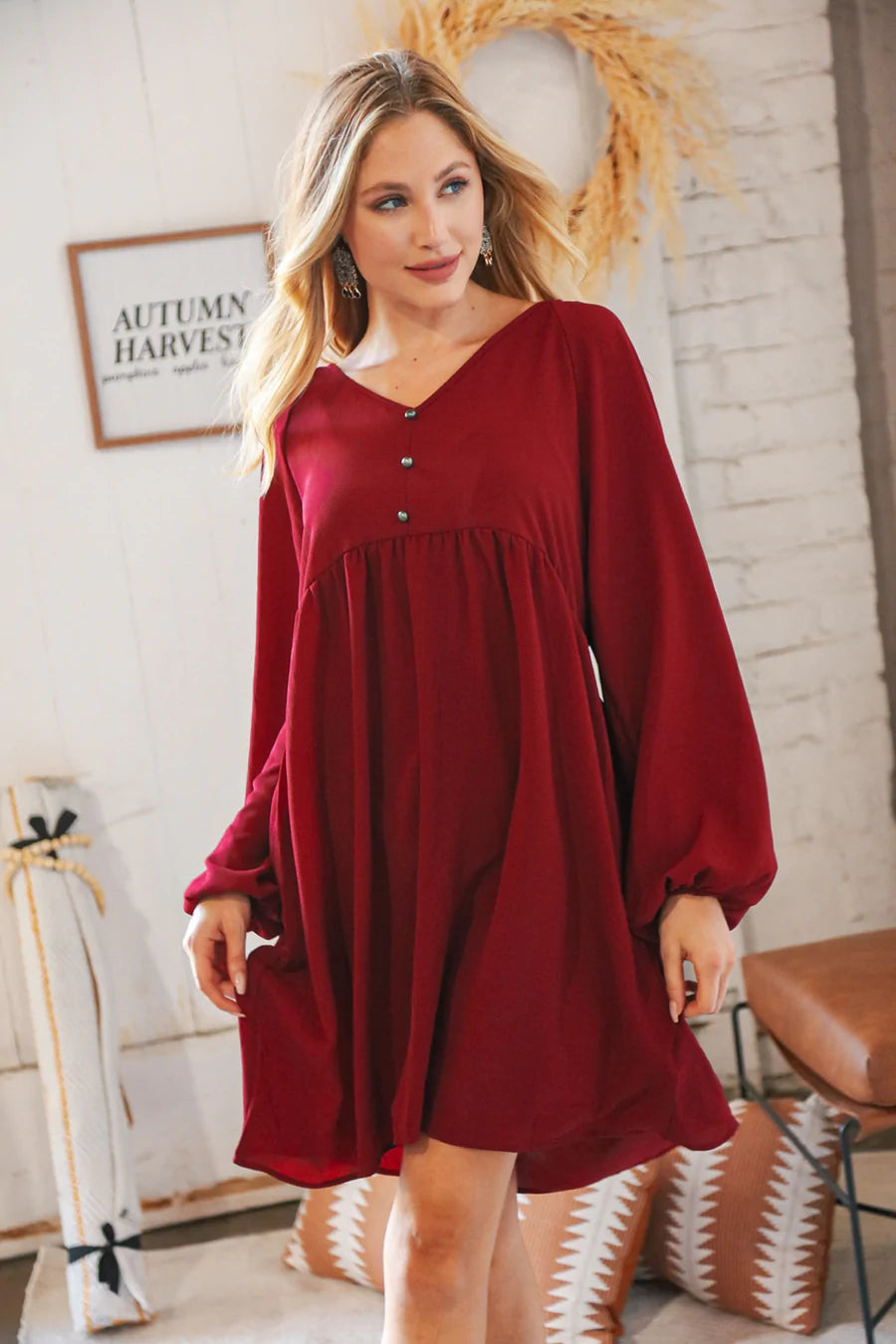 BURGUNDY RAGLAN BABYDOLL WOVEN BUTTON DRESS