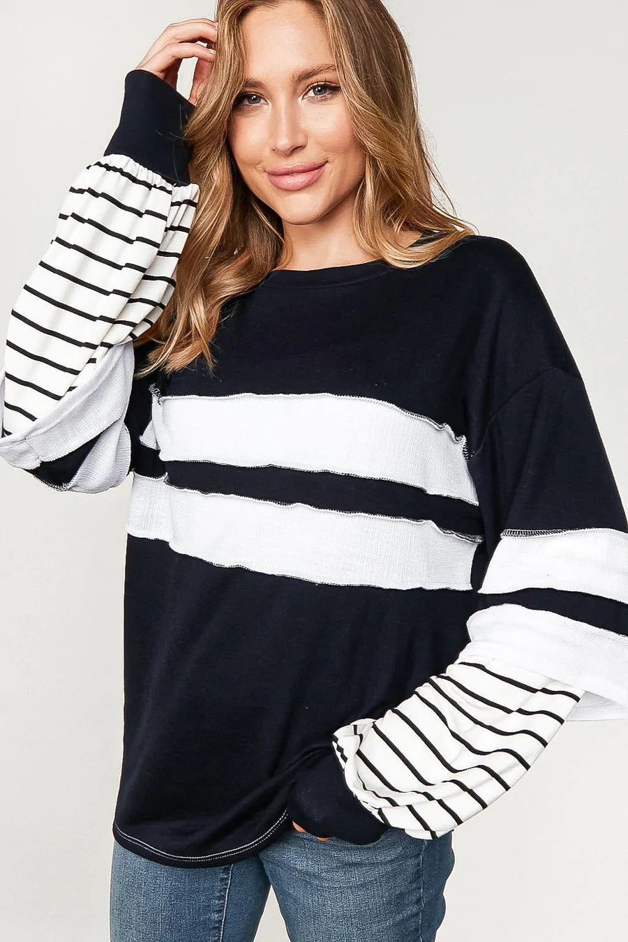 Navy White & Black thermal color block top