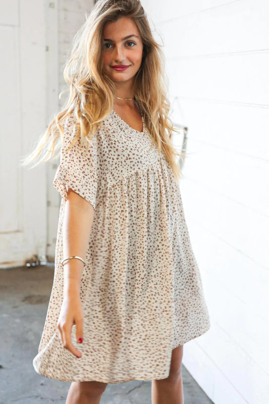 Oatmeal & Taupe dotted Animal print Dolman pocket dress